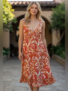 Sleeveless Maxi Dress in Orange Swirl Print